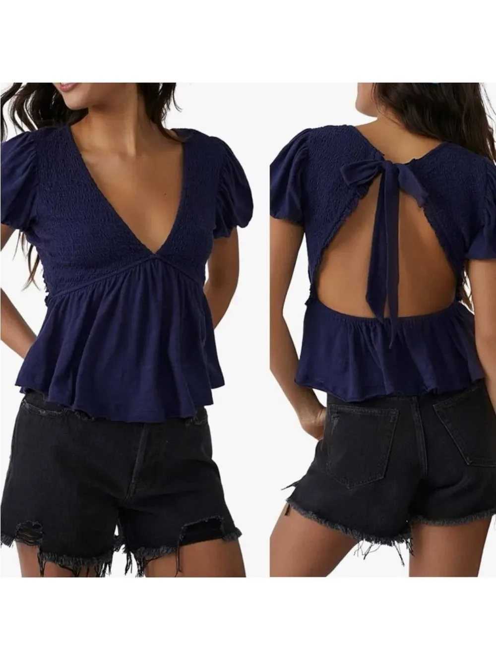 NWT FREE PEOPLE Charolette Top – Navy Blue Smocked Puff Sleeve Blouse | Size L